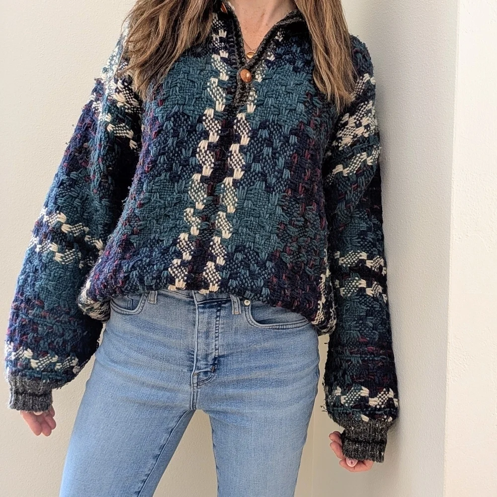 Vintage Plaid Waffle Stitch Button Front Wool Henley Sweater In Gray/Blue/Purple
